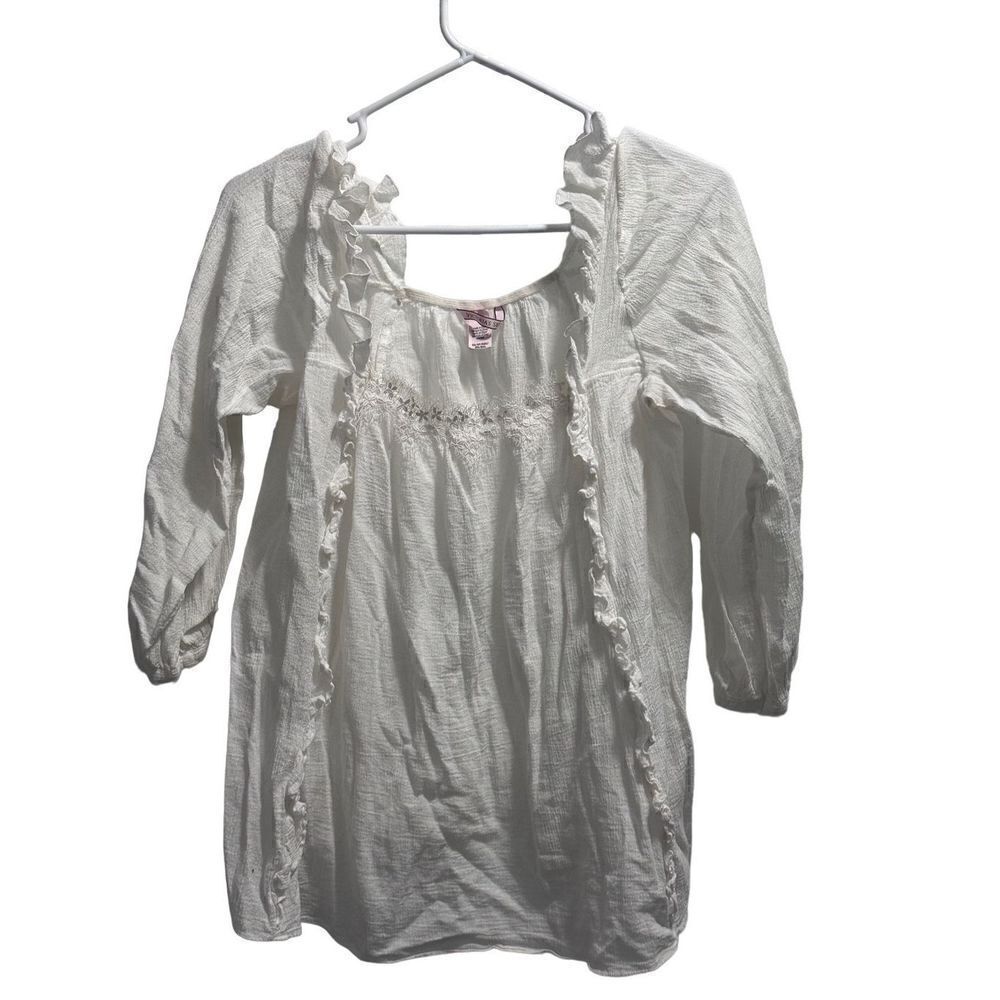 Victoria's Secret Floral Lace Trim Ruffle Boho Cotton Tunic Top White XS